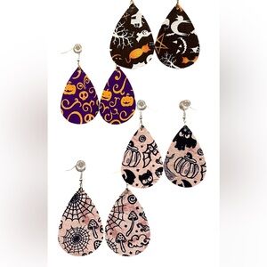 3 Pair Halloween holiday faux leather teardrop printed earrings